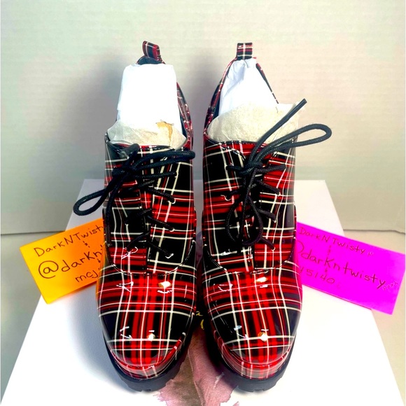 BNIB Jessica Simpson Irella Teagan Red Plaid Patent 5” platform ankle boots 6M - Picture 3 of 16